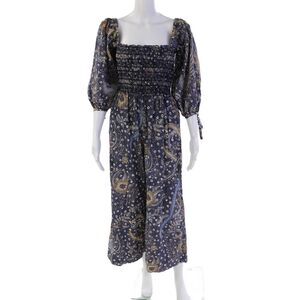 Cara Cara Womens 3/4 Sleeve Smocked Square Neck Floral Jumpsuit Blue Size Small